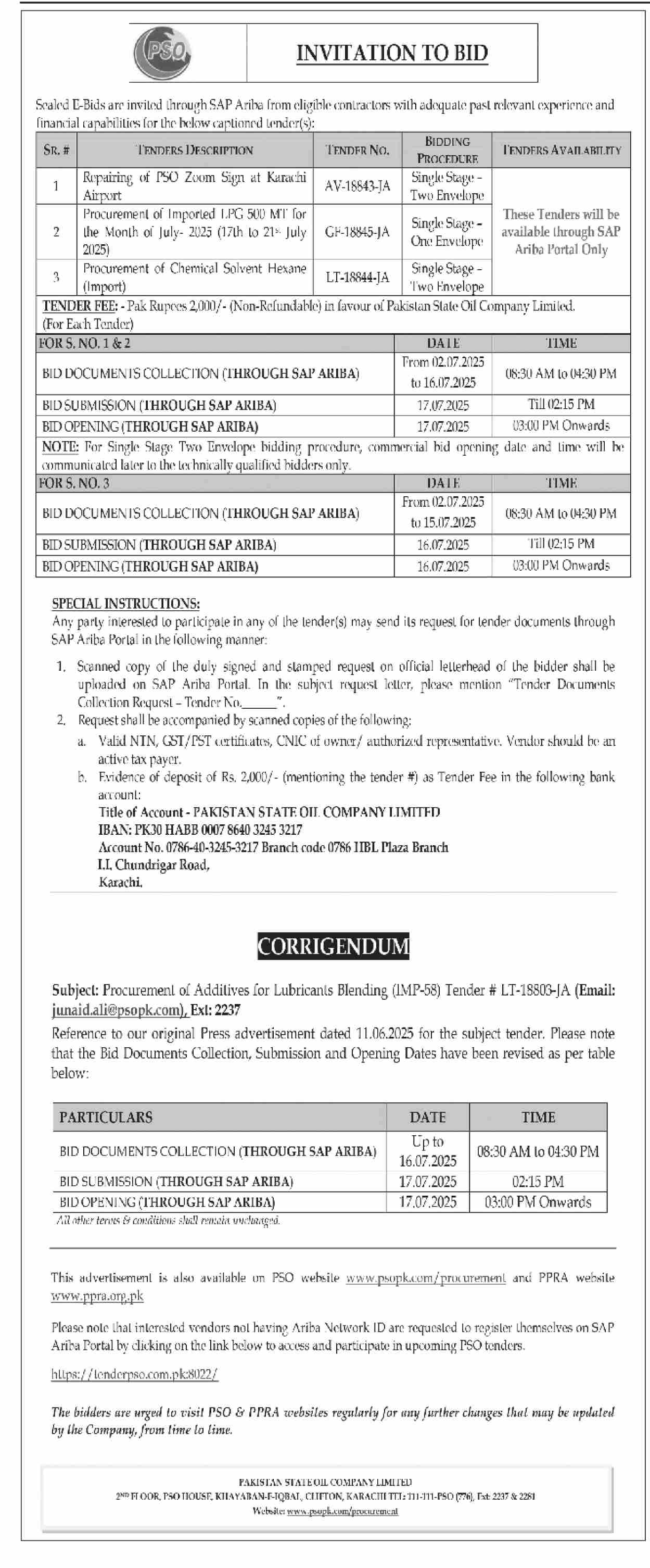 Pakistan State Oil Company Karachi Tender Notice